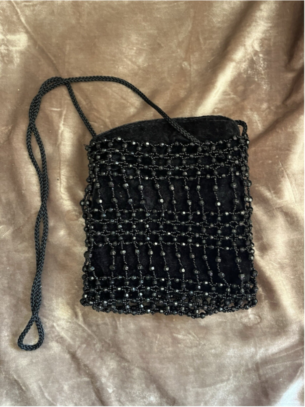 Black Beaded Drawstring Evening Bag Prom Formal 20s Flapper Accessory Purse READ
